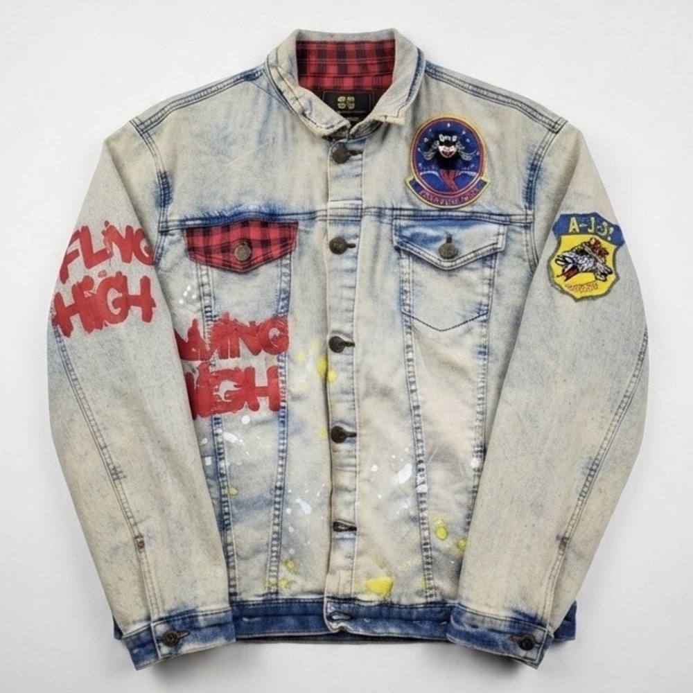 Sacred Crown Acid Wash Denim Jacket Flying High Fighter Jet Patches L Distressed